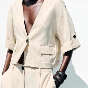 Zara linen-blend short-sleeve jacket – Sand (NWT)